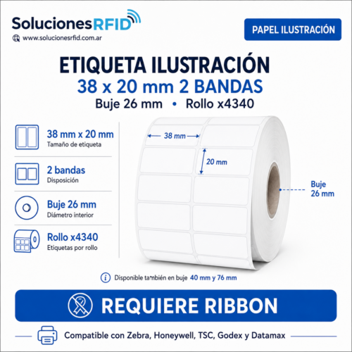 Etiqueta Ilustración 38x20mm 2 Bandas - Buje 26mm - Rollo x4340