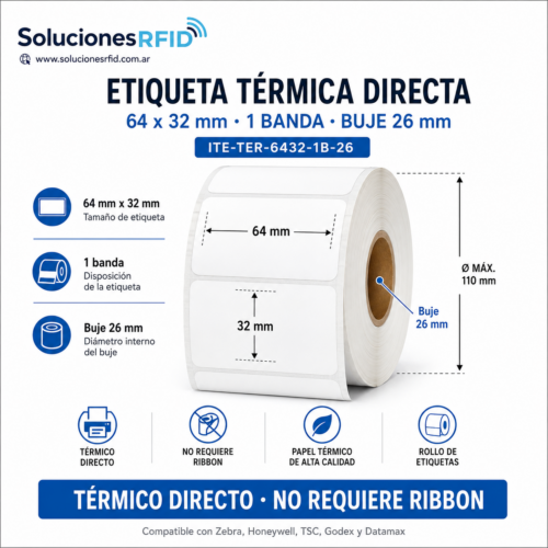 Etiqueta Térmica Directa 64x32mm 1 Banda - Buje 26mm